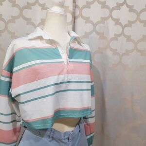 White and Blue Boxy Cropped Shirt